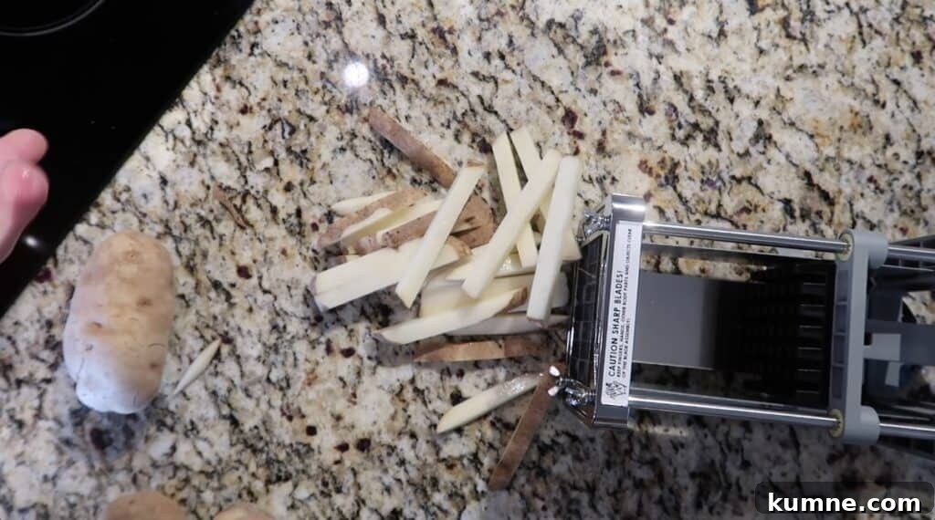 Potato fully sliced through French fry cutter