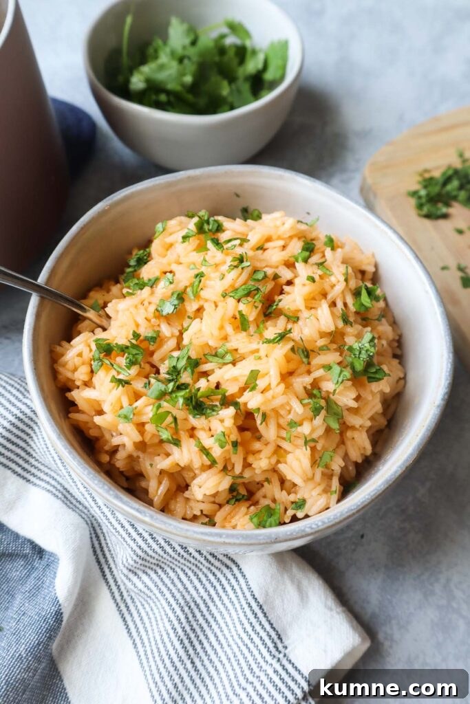 white bowl with bone broth rice topped with cilantro