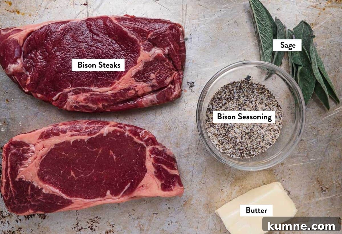 Ingredients for Grilled Bison Steaks with text overlay.