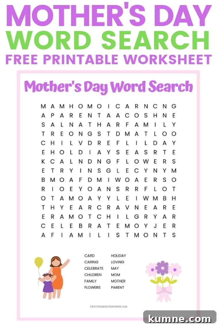 Mother’s Day Word Search Printable Puzzle (Free PDF) 2 Mother's Day printable worksheet with 12 Mother's Day themed words to find.