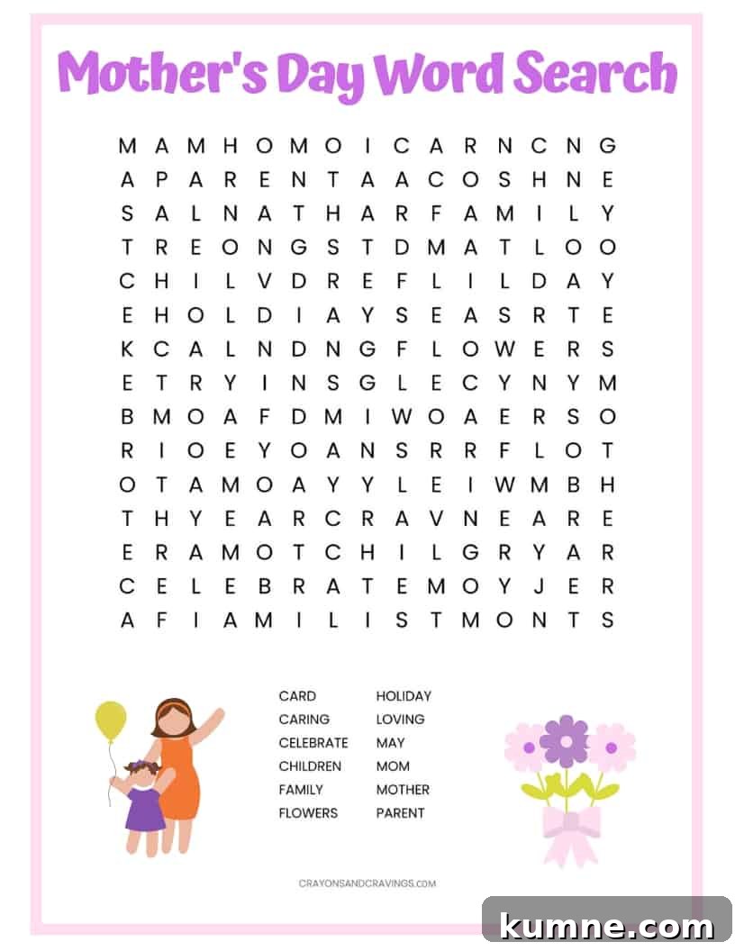 Mother’s Day Word Search Printable Puzzle (Free PDF) 3 Mother's Day Word Search printable worksheet with 12 Mother's Day themed vocabulary words to find.