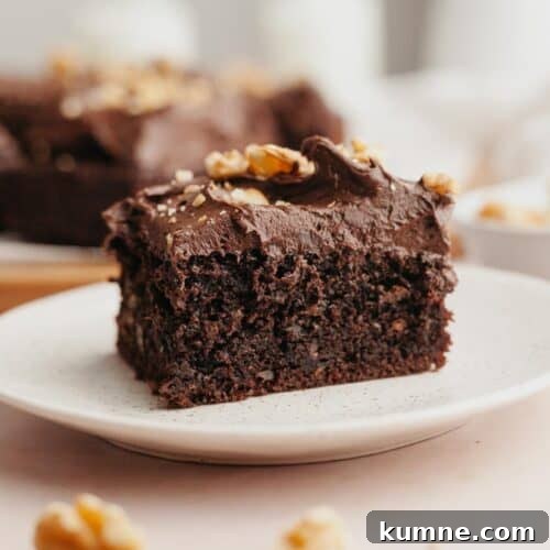 A slice of chocolate cake with chocolate frosting on a plate.