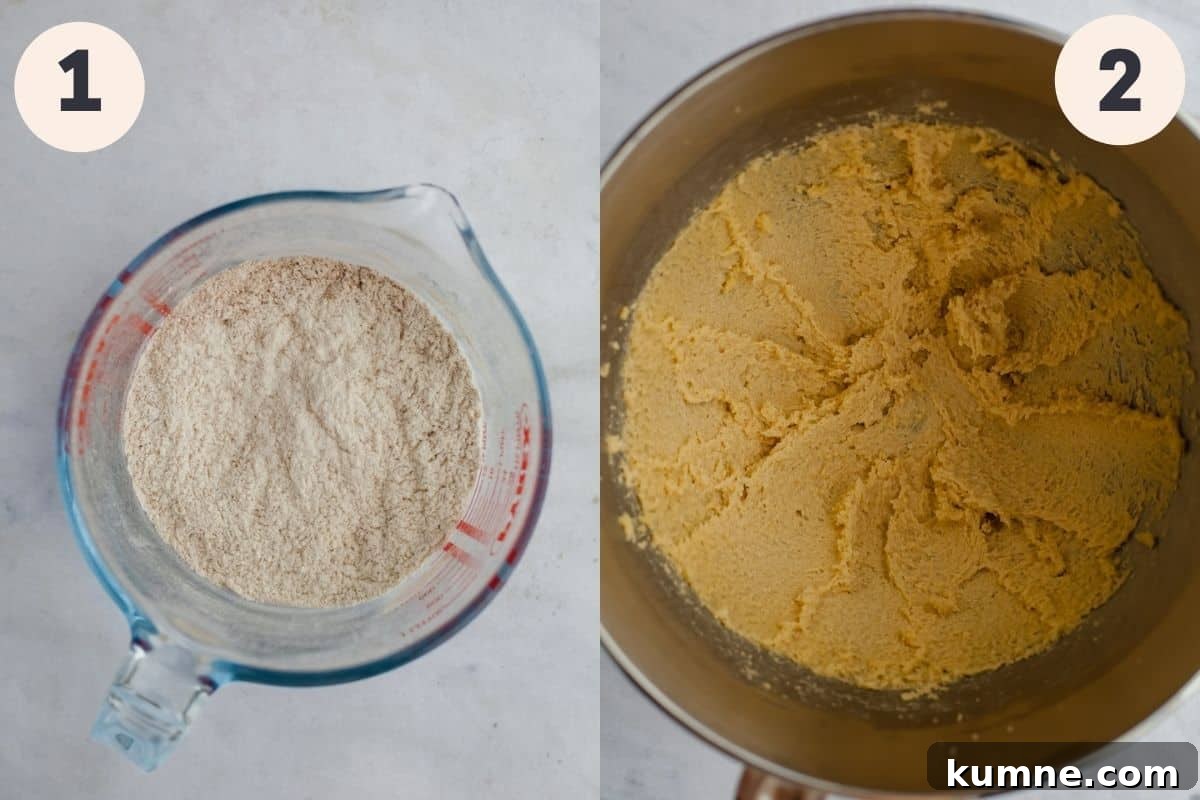 Maple Cupcakes Recipe with Brown Butter Frosting 5 2 images, the first shows dry ingredients in a large glass jug, the second shows creamed butter and sugar in a mixing bowl