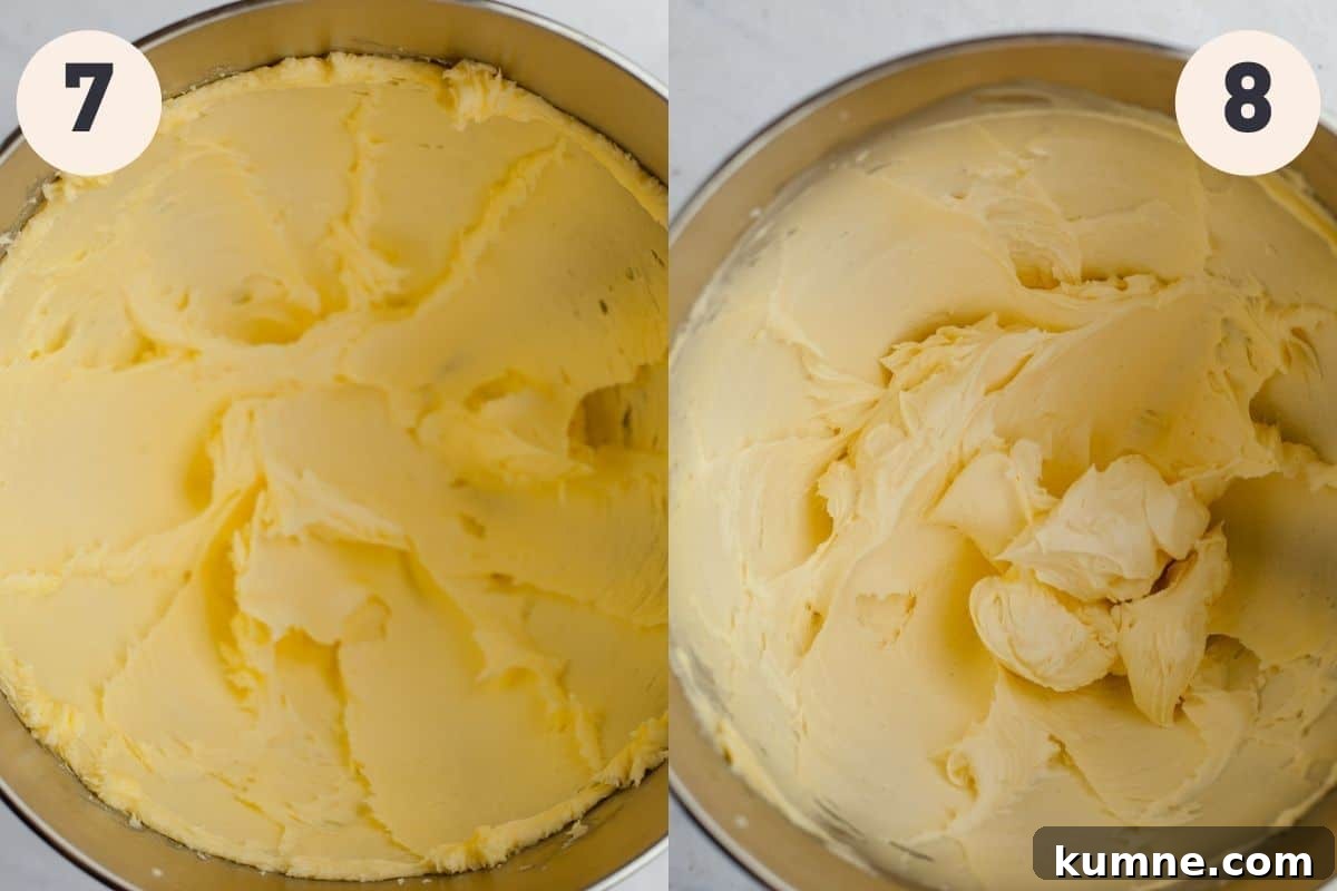 Maple Cupcakes Recipe with Brown Butter Frosting 8 two images, the first shows creamed butter and sugar in a mixing bowl, the second shows a light yellow frosting in a mixing bowl