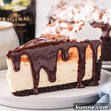 square image of a slice of baileys cheesecake on a plate