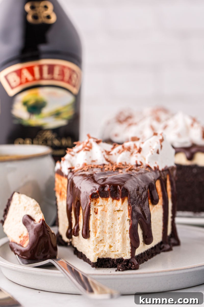 bite of baileys cheesecake on a fork next to the slice showing the texture of the no bake cheesecake