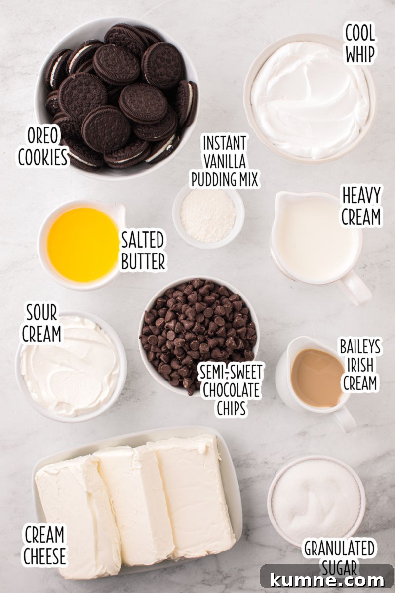 ingredients to make baileys cheesecake with text labels
