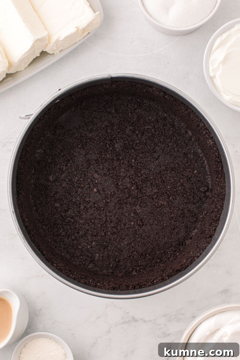 oreo crust pressed into a the bottom and sides of a springform pan