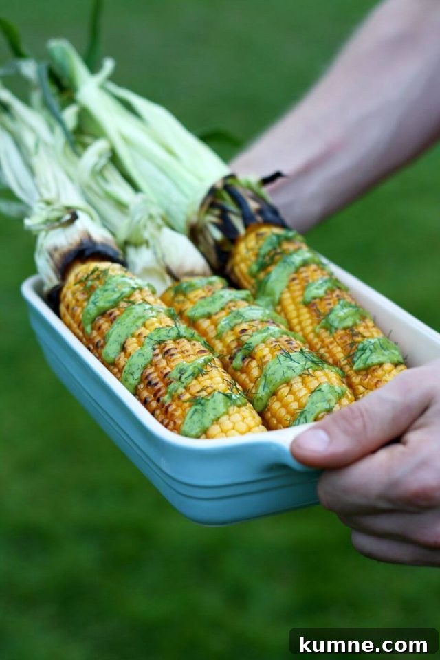 Grilled Corn on the Cob with Creamy Avocado and Dill Dressing 2 Perfectly Grilled Corn on the Cob is very juicy and pairs so well with creamy vegan avocado dill dressing. Easy and impressive recipe for your summer barbecue!
