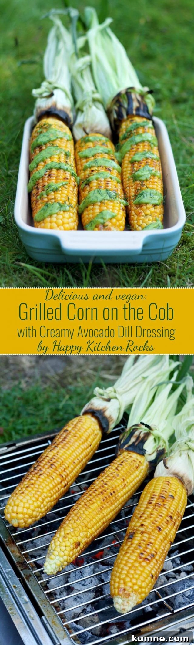 Grilled Corn on the Cob with Creamy Avocado and Dill Dressing 8 Perfectly Grilled Corn on the Cob is very juicy and pairs so well with creamy vegan avocado dill dressing. Easy and impressive recipe for your summer barbecue!