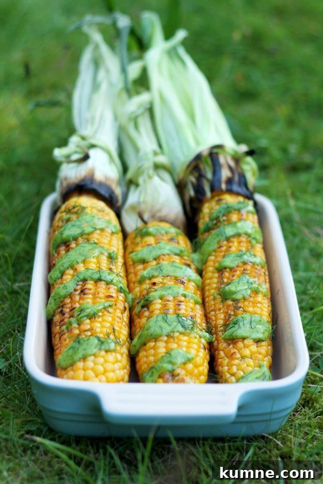 Grilled Corn on the Cob with Creamy Avocado and Dill Dressing 4 Perfectly Grilled Corn on the Cob is very juicy and pairs so well with creamy vegan avocado dill dressing. Easy and impressive recipe for your summer barbecue!
