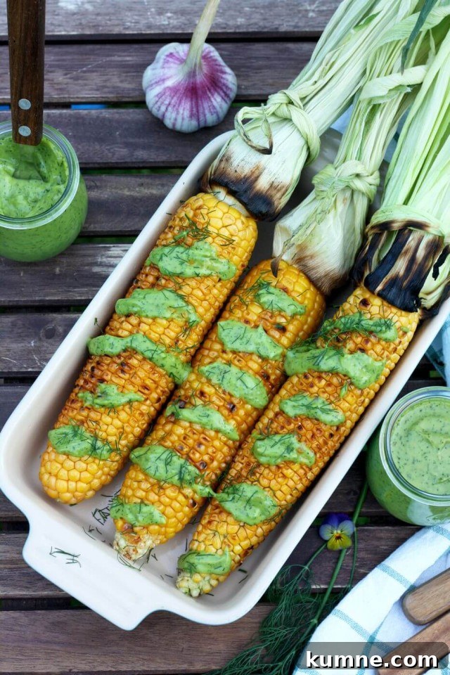 Grilled Corn on the Cob with Creamy Avocado and Dill Dressing 6 Perfectly Grilled Corn on the Cob is very juicy and pairs so well with creamy vegan avocado dill dressing. Easy and impressive recipe for your summer barbecue!
