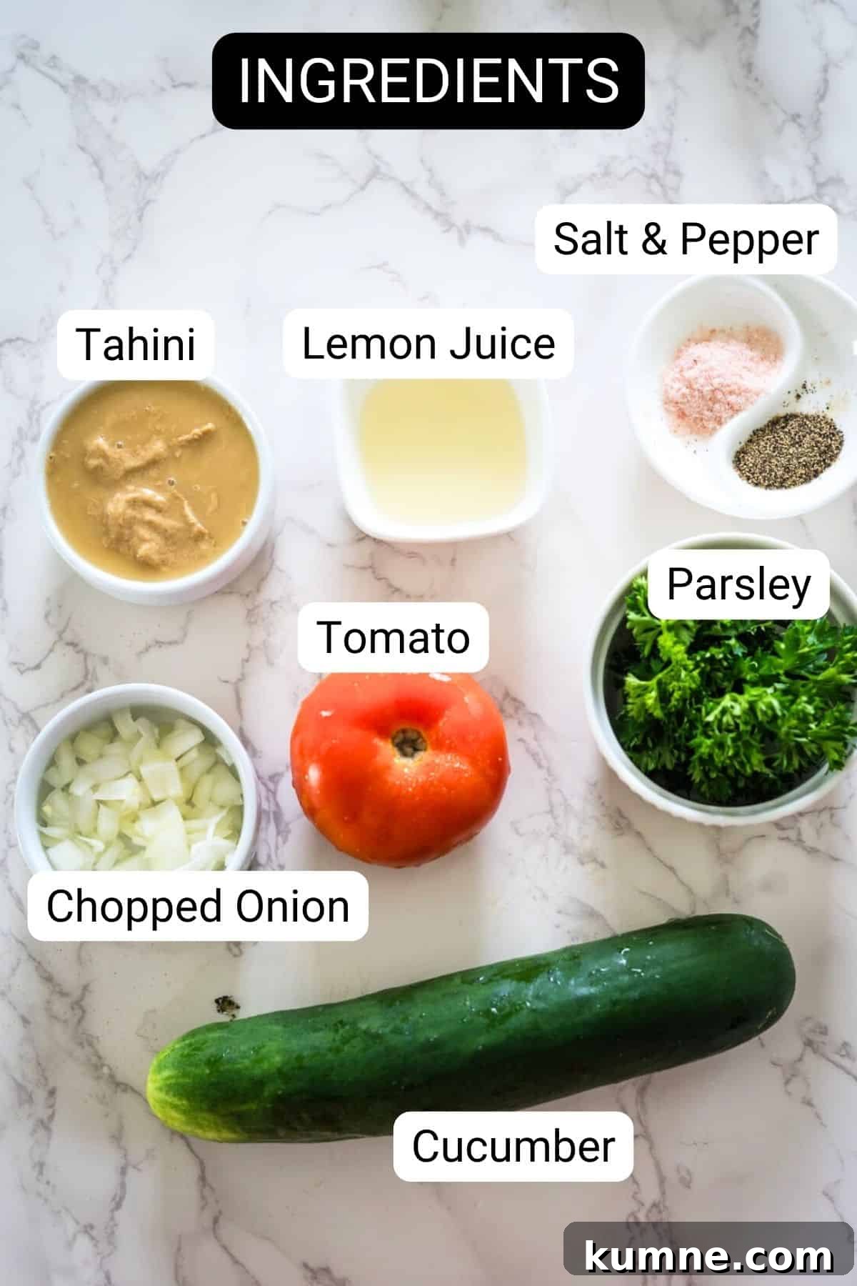 An assortment of fresh ingredients labeled for a recipe, including tahini, lemon juice, salt & pepper, chopped onion, tomato, parsley, and cucumber, arranged on a marble surface.