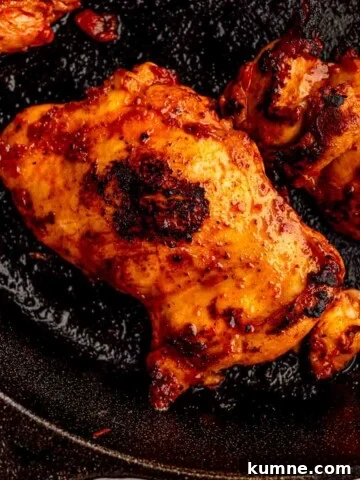 Harissa chicken thigh on a skillet.
