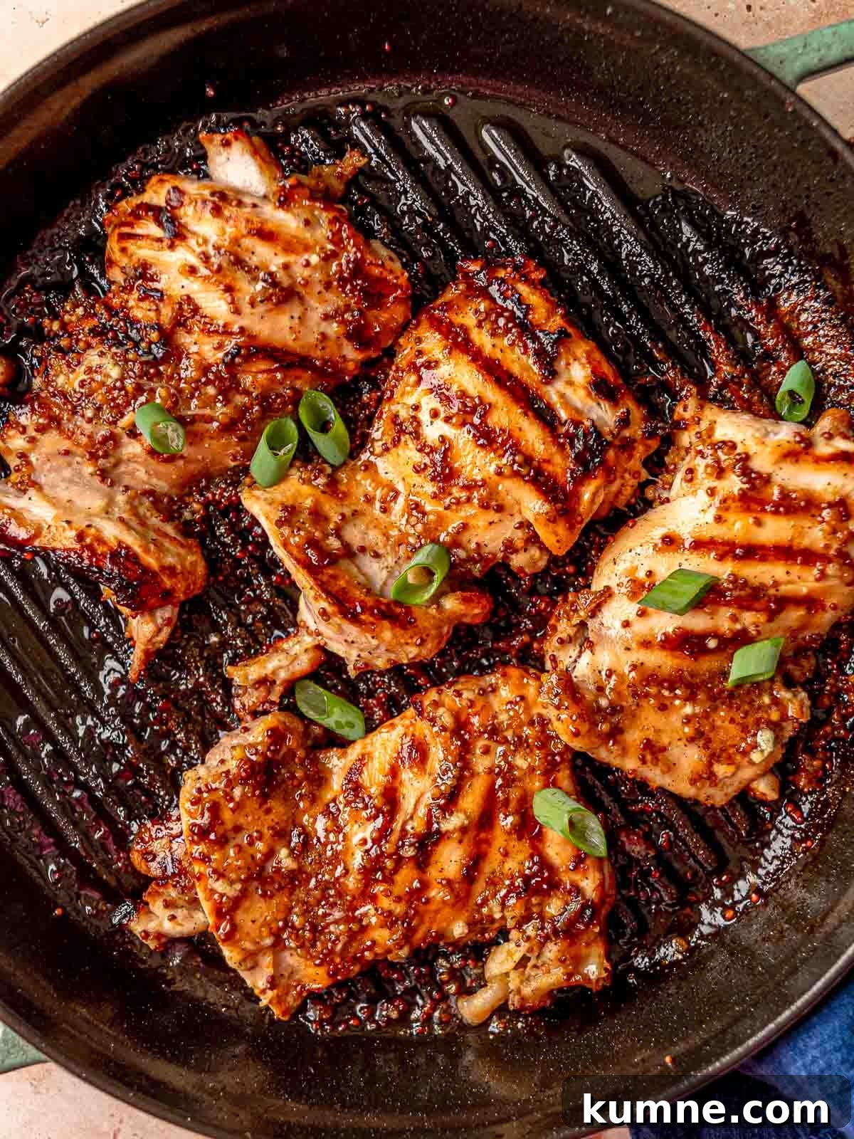 Honey Mustard Grilled Chicken Recipe for Juicy, Flavorful Results 7 Juicy grilled chicken thighs topped with whole grain mustard and fresh scallions.