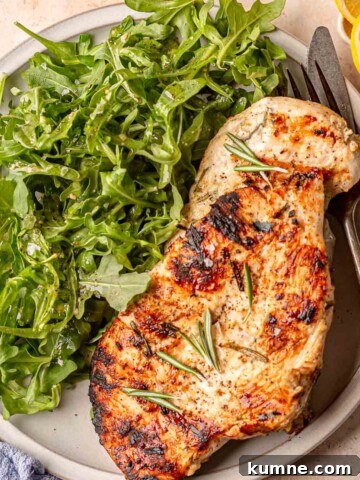 Grilled chicken breast with rosemary served next to a large portion of arugula salad.