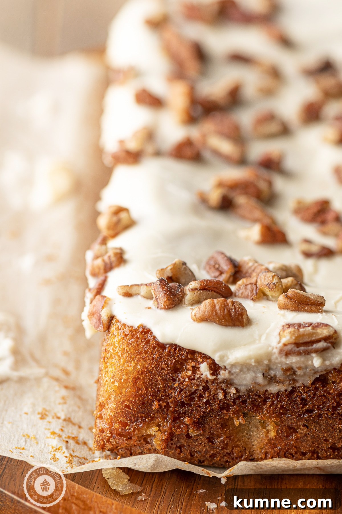 Low-Carb Maple Pecan Blondies — Chewy, Gooey Treats 3 A slab of golden baked maple blondies with glaze and chopped pecans.