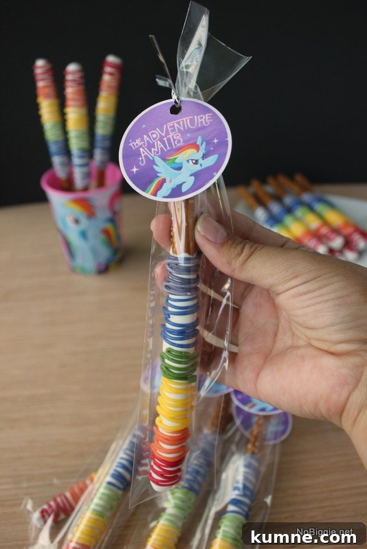 Chocolate-Covered Rainbow Pretzel Rods Recipe for Parties 6 My Little Pony The Movie Rainbow Pretzel Rods | NoBiggie.net