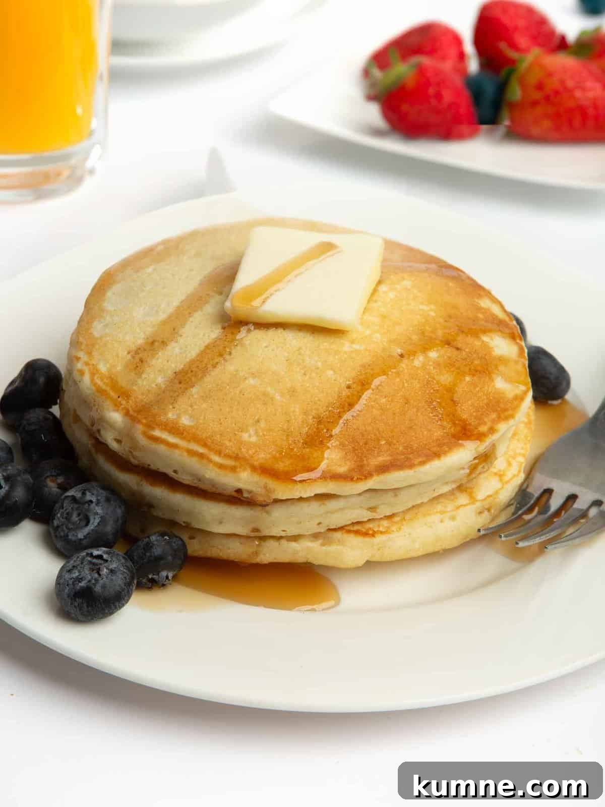 Make-Ahead Pancake Mix Recipe for Fluffy Homemade Pancakes 3 stack of fluffy pancakes
