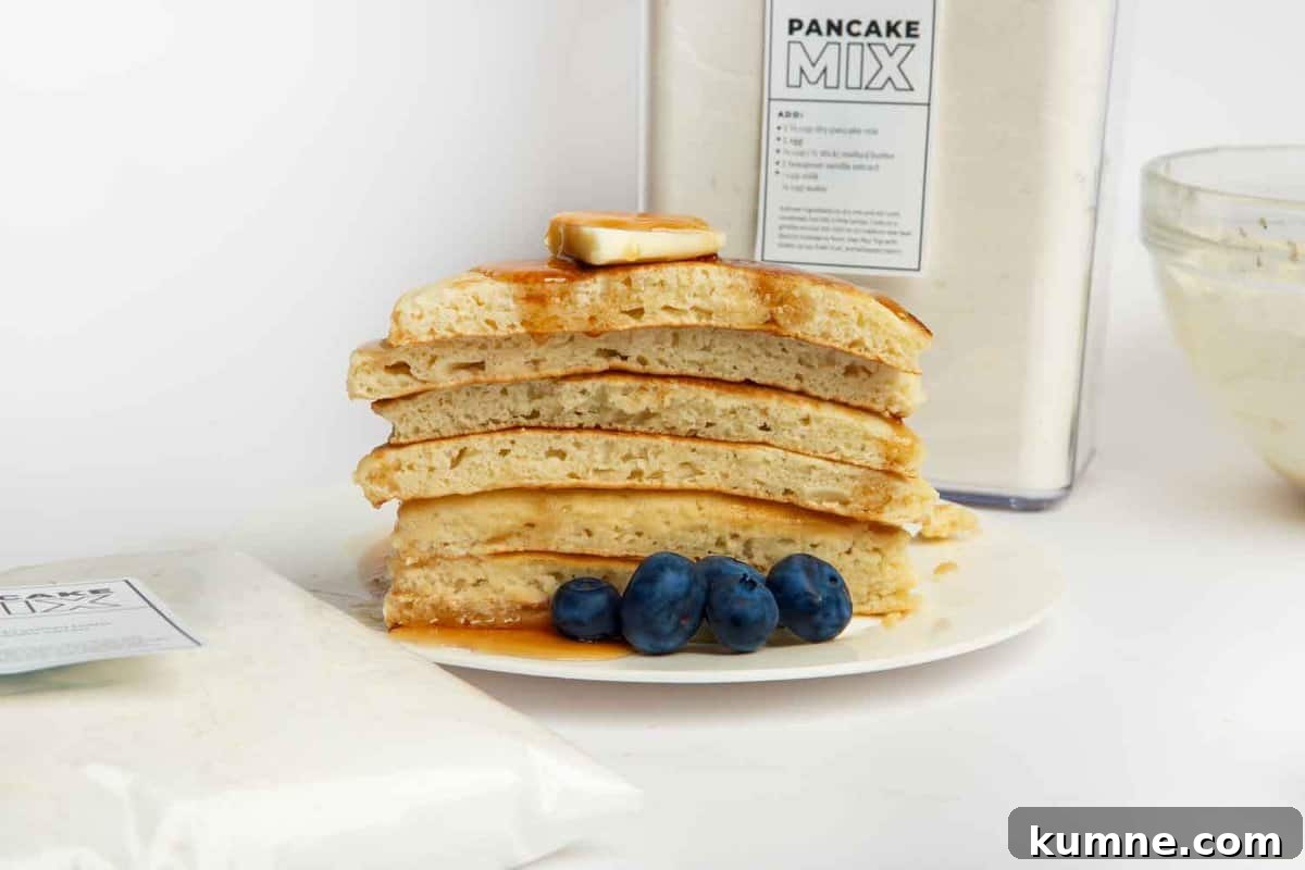 Make-Ahead Pancake Mix Recipe for Fluffy Homemade Pancakes 4 stack of fluffy pancakes