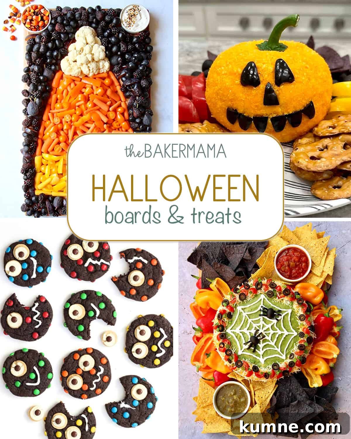 Halloween Guest Signature Board Ideas for Parties and Events 8 Candy Corn Board, Jack O Lantern Cheese Ball, Halloween Monster Cookies, Spiderweb 7 Layer Dip.