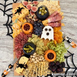 The BakerMama's signature board filled in with Halloween themed foods.