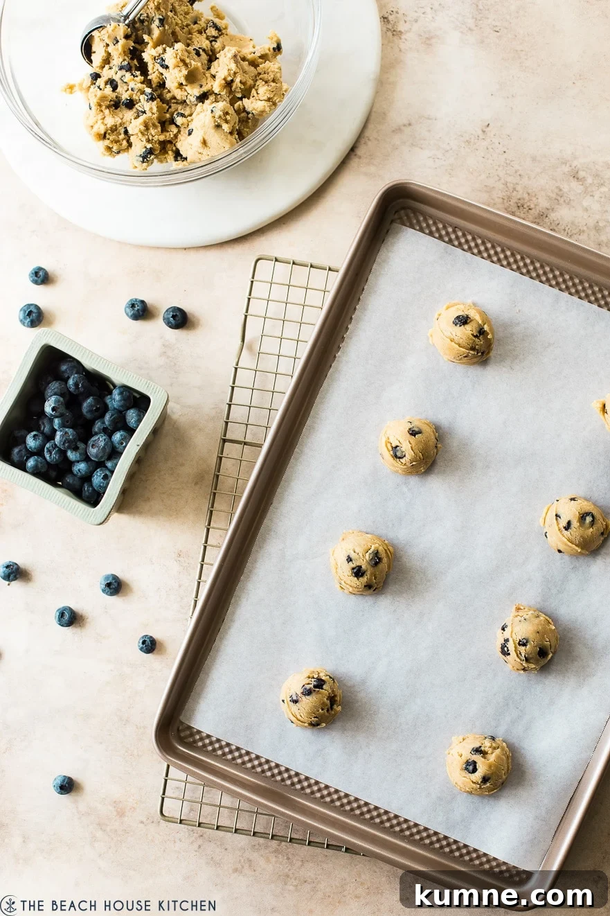 Chewy Brown Sugar Cookies with Fresh Blueberries 5 Overhead photo of pre-baked cookies on a parchment lined sheet with a bowl of cookie dough and a basket of blueberries off to the side