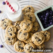 Chewy Brown Sugar Cookies with Fresh Blueberries 8 Overhead photo of Chewy Brown Sugar Blueberry Cookies on a round wire rack with a bottle of milk and a basket of blueberries