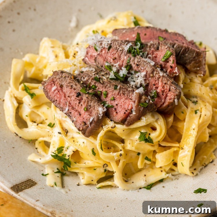 Steak Alfredo plated