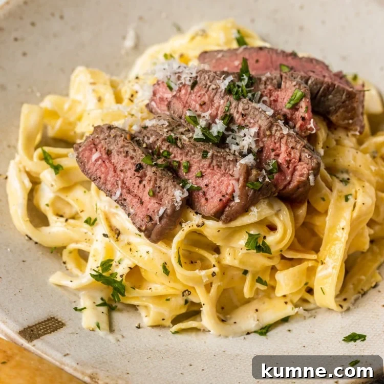 Steak Alfredo plated