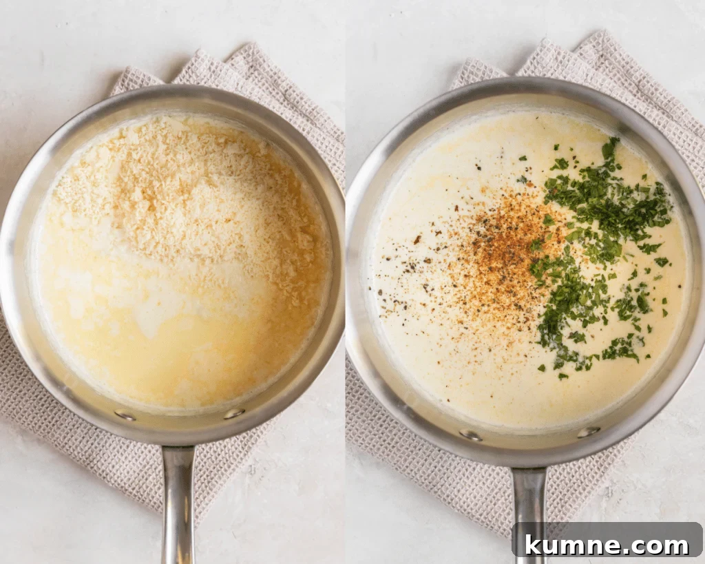 Alfredo sauce being made in a saucepan.
