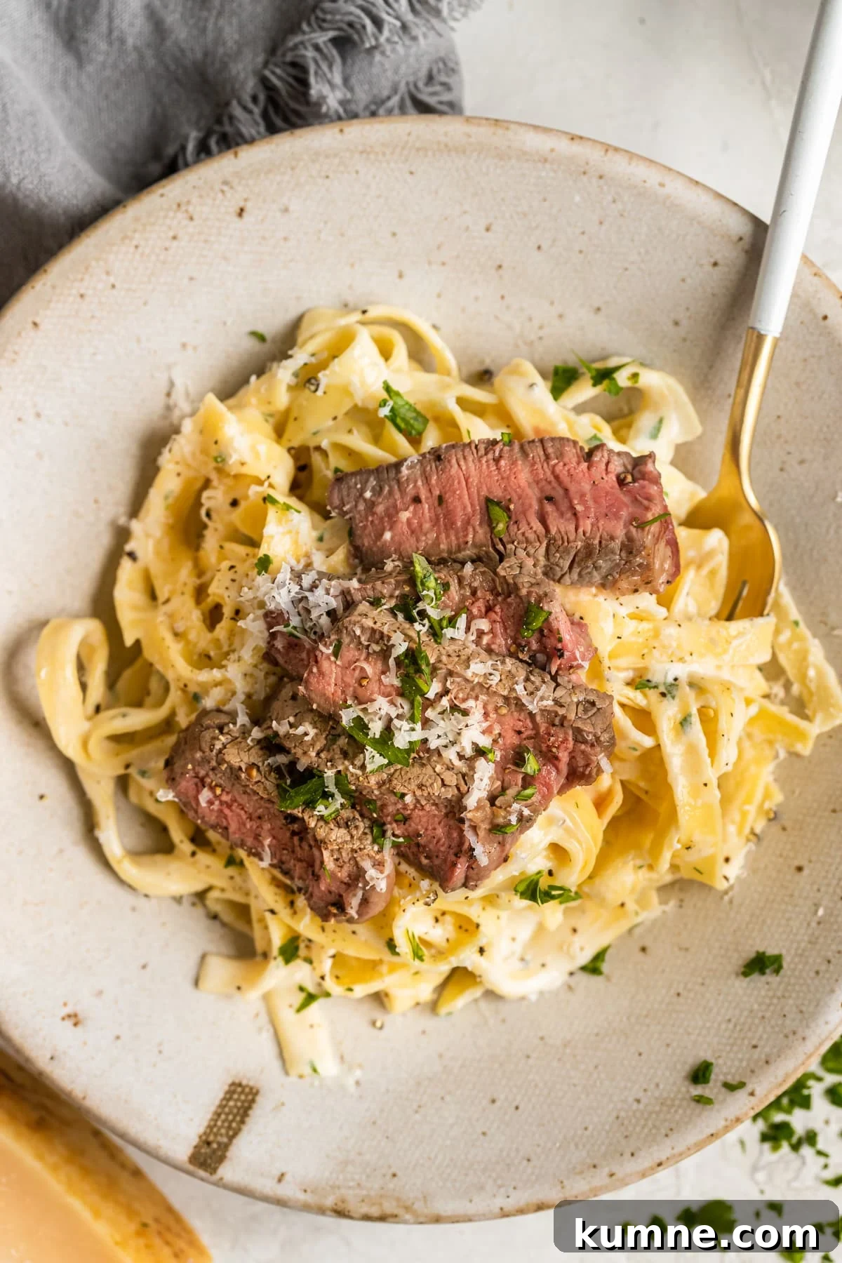 pasta in a bowl topped with steak and garnished with Parmesan cheese and fresh parsley.