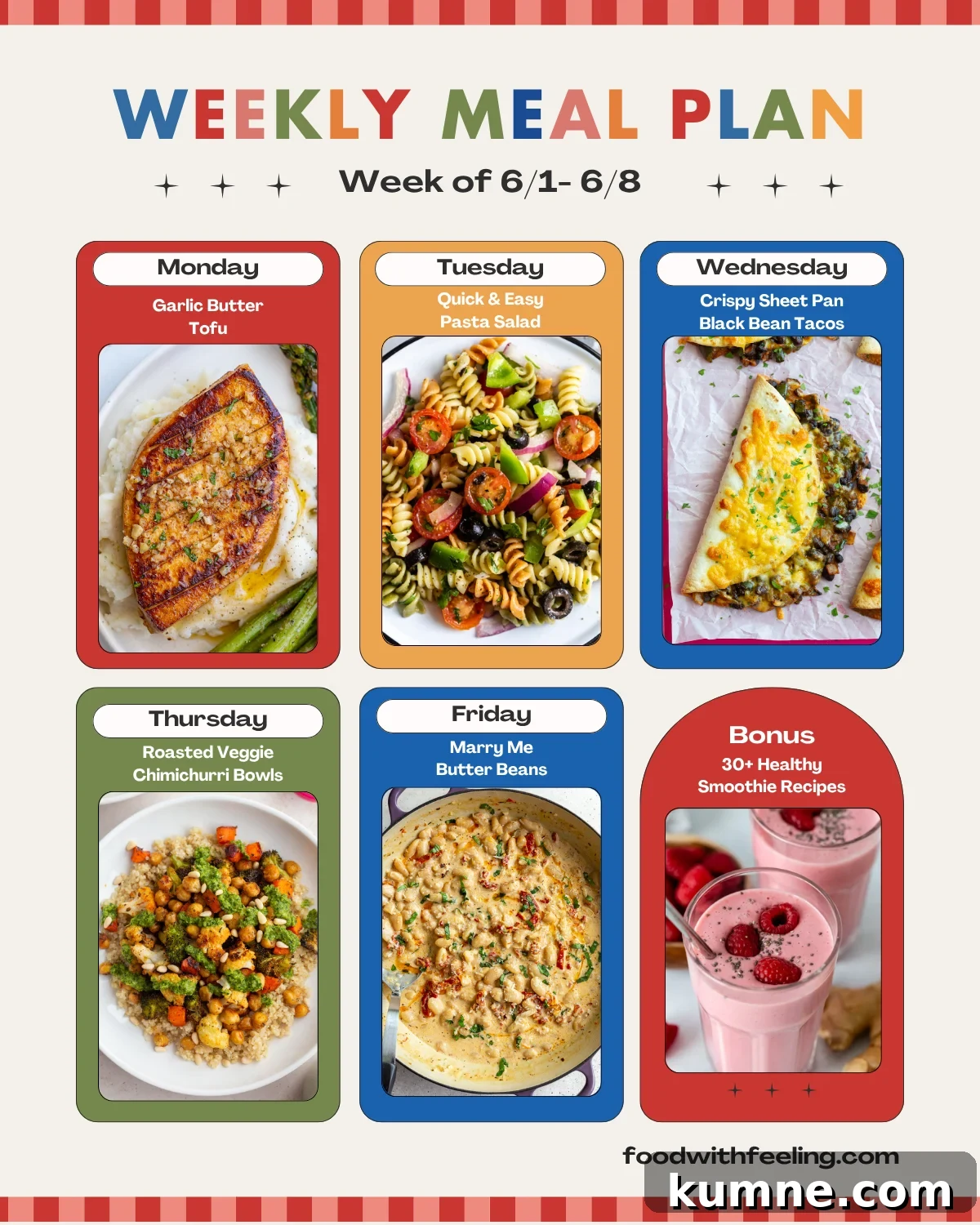 7-Day Family Meal Plan: Weekly Recipes & Grocery List 2 Weekly Meal plan template with 5 vegetarian meals and their photos