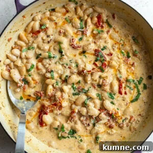 skillet of creamy butter beans with sundried tomatoes and basil