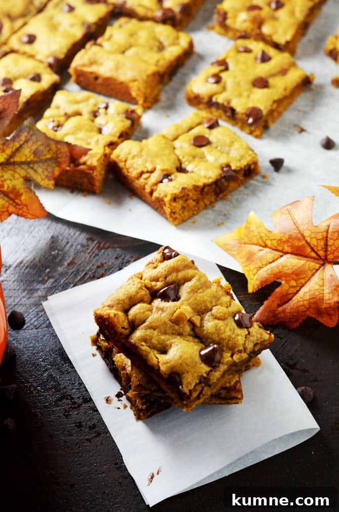 Pumpkin Chocolate Chip Cookie Bars Recipe — Soft, Chewy Squares 2 Pumpkin Chocolate Chip Cookie Bars. Perfect for fall and winter, these soft, pumpkin spiced desserts are a hit, and easy to make from scratch! | hostthetoast.com