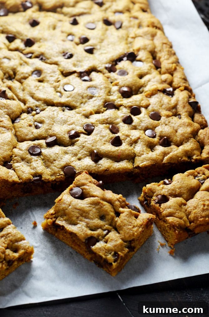 Pumpkin Chocolate Chip Cookie Bars Recipe — Soft, Chewy Squares 6 Pumpkin Chocolate Chip Cookie Bars. Perfect for fall and winter, these soft, pumpkin spiced desserts are a hit, and easy to make from scratch! | hostthetoast.com