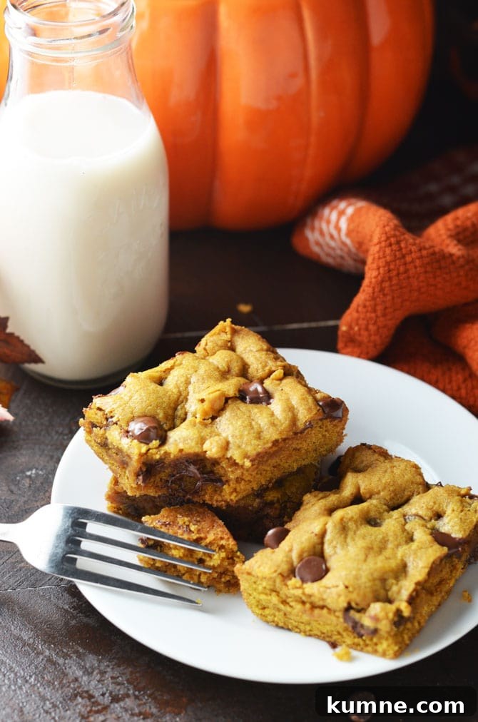 Pumpkin Chocolate Chip Cookie Bars Recipe — Soft, Chewy Squares 8 Pumpkin Chocolate Chip Cookie Bars. Perfect for fall and winter, these soft, pumpkin spiced desserts are a hit, and easy to make from scratch! | hostthetoast.com