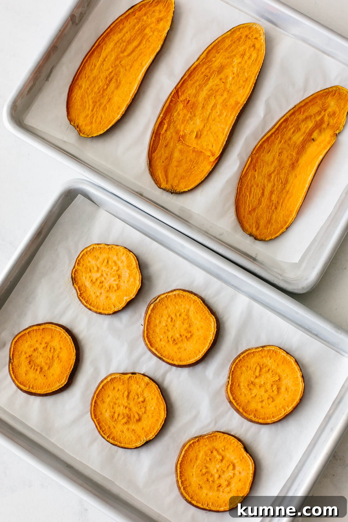 Baked sweet potato toast on baking sheets.