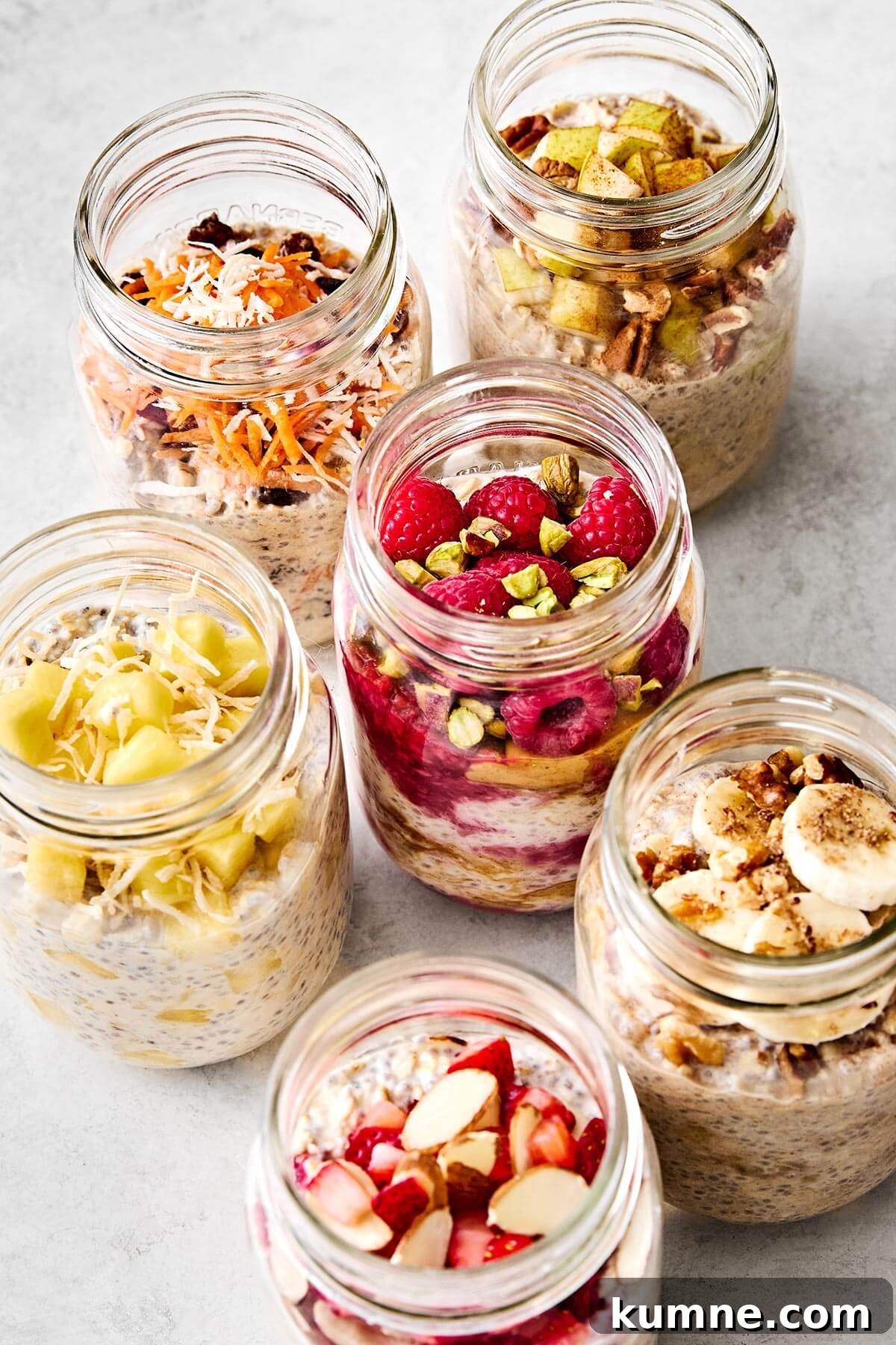 Overnight oats in many glass jars.