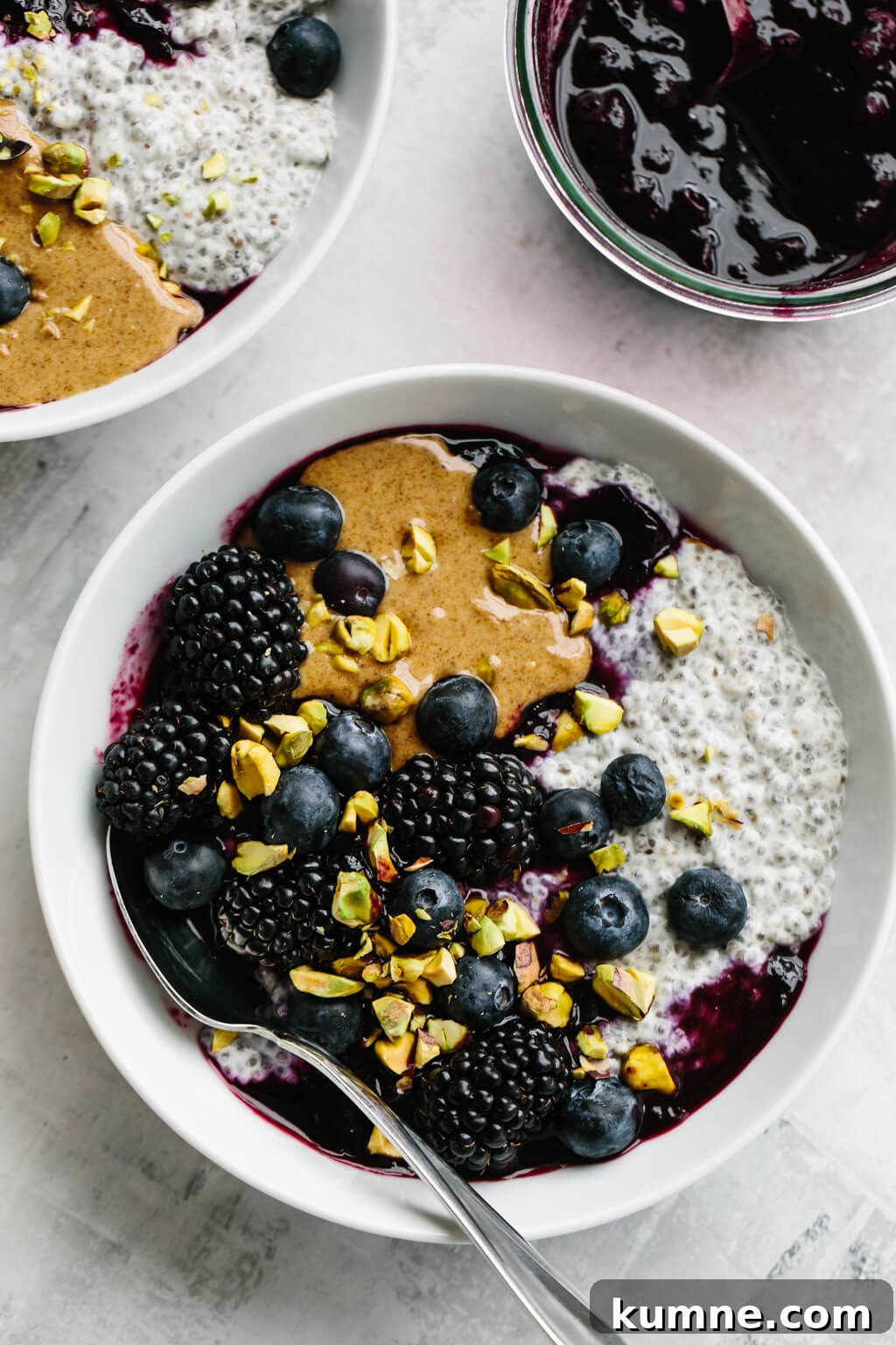 This peanut butter and jelly chia pudding (or almond butter and blueberry puree chia pudding) tastes just like a PB&J sandwich. It's a delicious, healthy breakfast recipe!