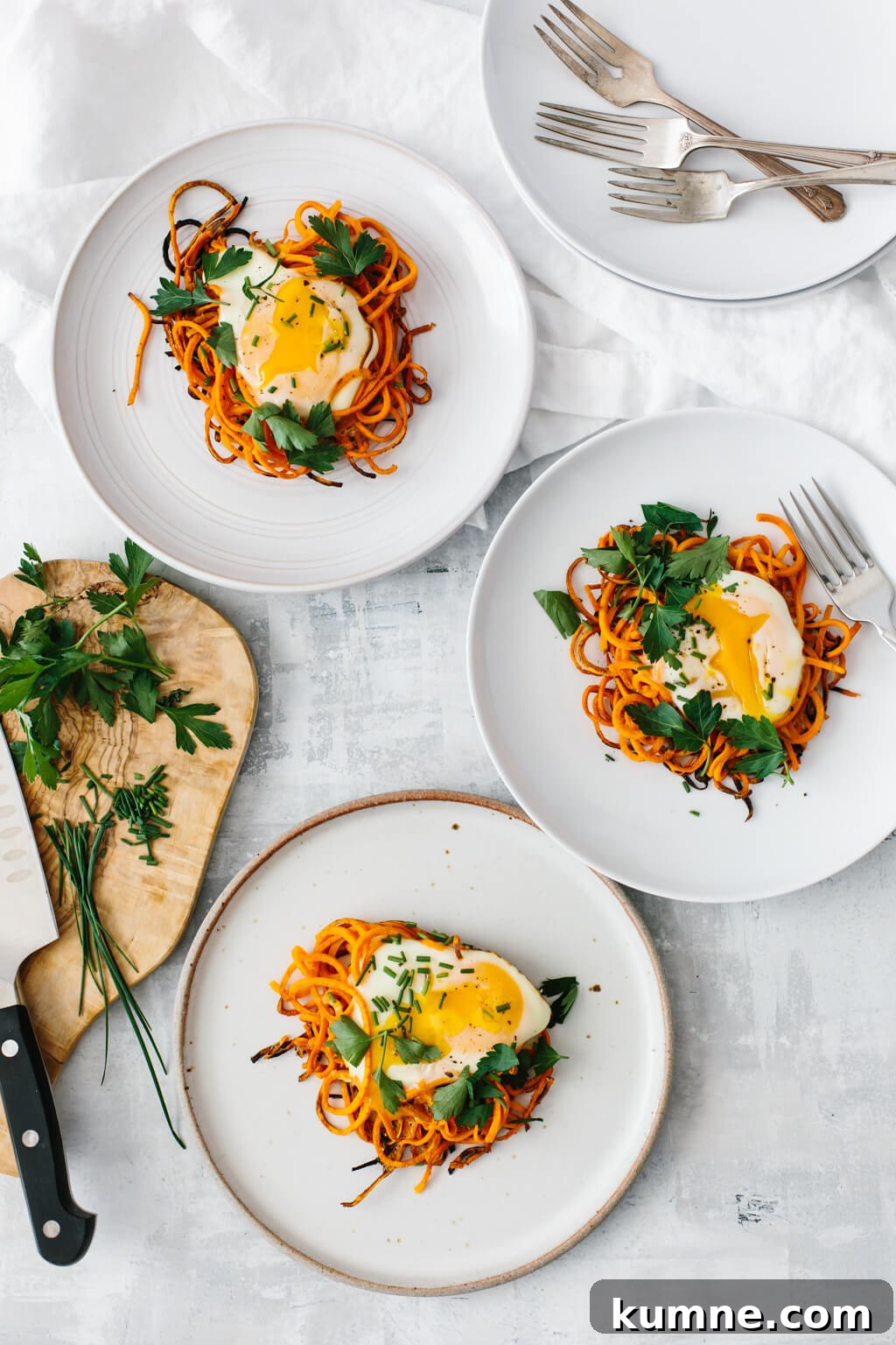 Spiralized sweet potato egg nests are a simple, delicious and healthy breakfast recipe. It's one of my favorite spiralized sweet potato recipes and it's perfect for a weekend breakfast or brunch.