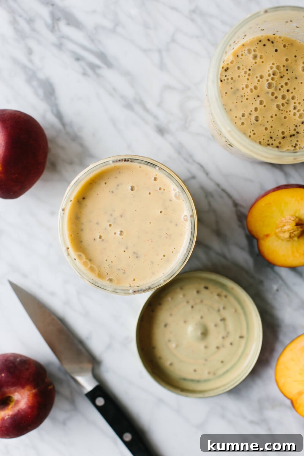 A delicious peach smoothie that makes for a healthy, breakfast smoothie when blended with yogurt and chia seeds. Make this with dairy or dairy-free.