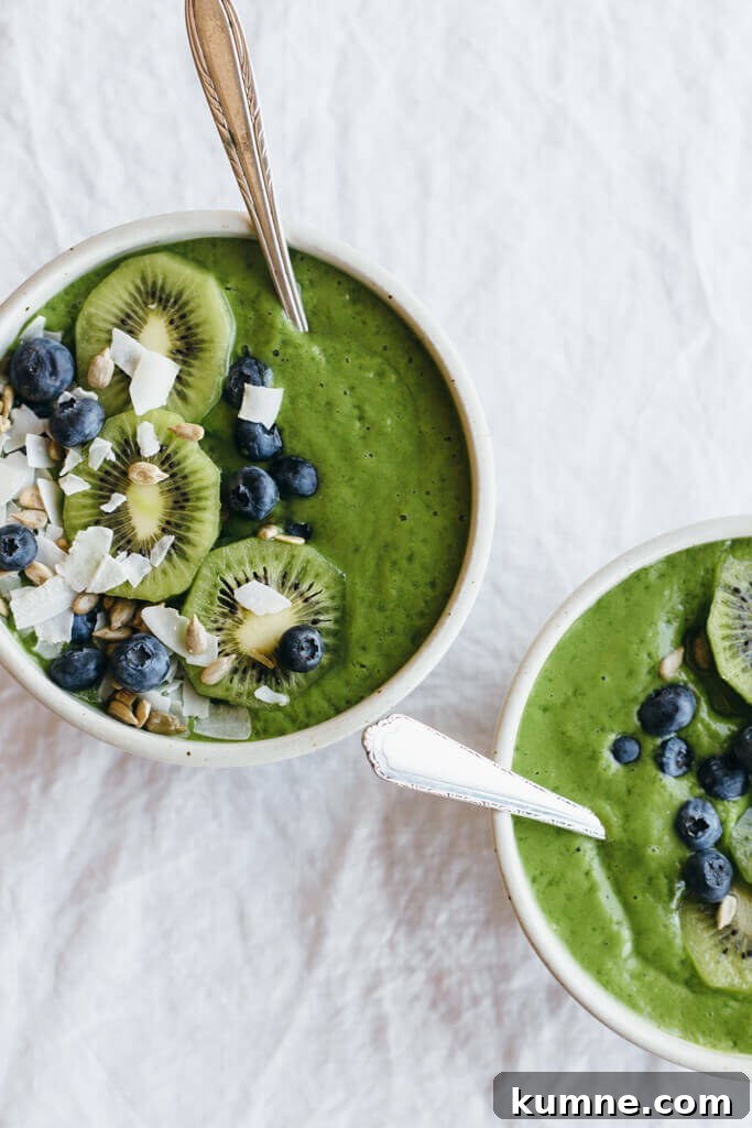 Clean green smoothie bowl. A classic green smoothie bowl that's a breakfast favorite.