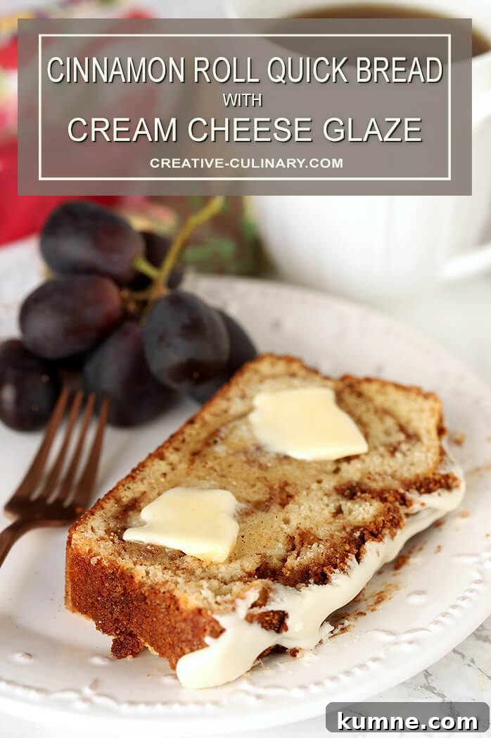 Slice of Cinnamon Roll Quick Bread with Cream Cheese Glaze with Butter