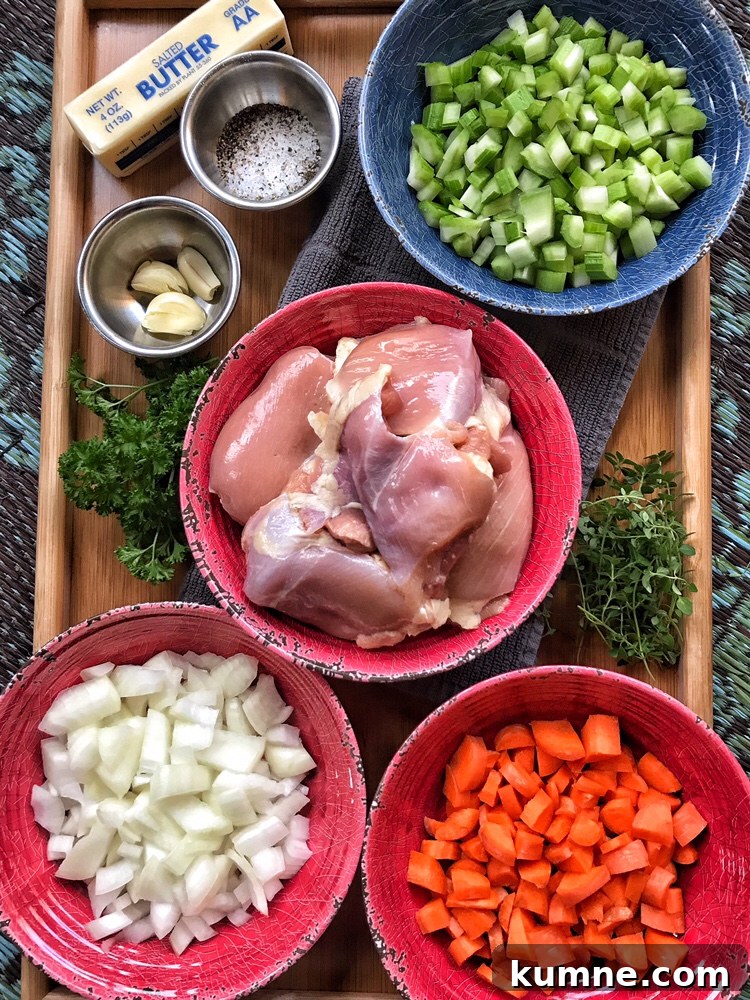 Buttered Noodles in Aromatic Herbed Chicken Broth 3 Raw chicken in a red bowl surrounded by the other ingredients for the dish, including chopped onion, celery, carrots, garlic, salt, pepper, and a stick of butter.