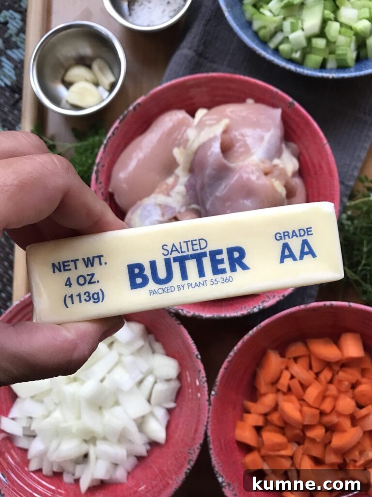 Buttered Noodles in Aromatic Herbed Chicken Broth 6 A stick of butter.