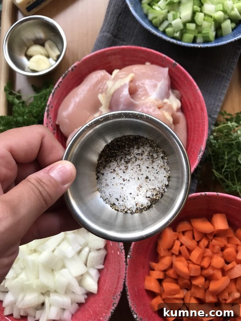 Buttered Noodles in Aromatic Herbed Chicken Broth 7 Salt and pepper in a metal cup.