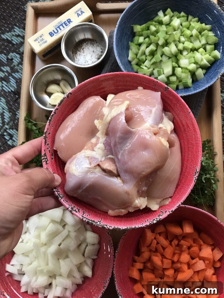 Buttered Noodles in Aromatic Herbed Chicken Broth 10 Raw boneless, skinless chicken thighs.