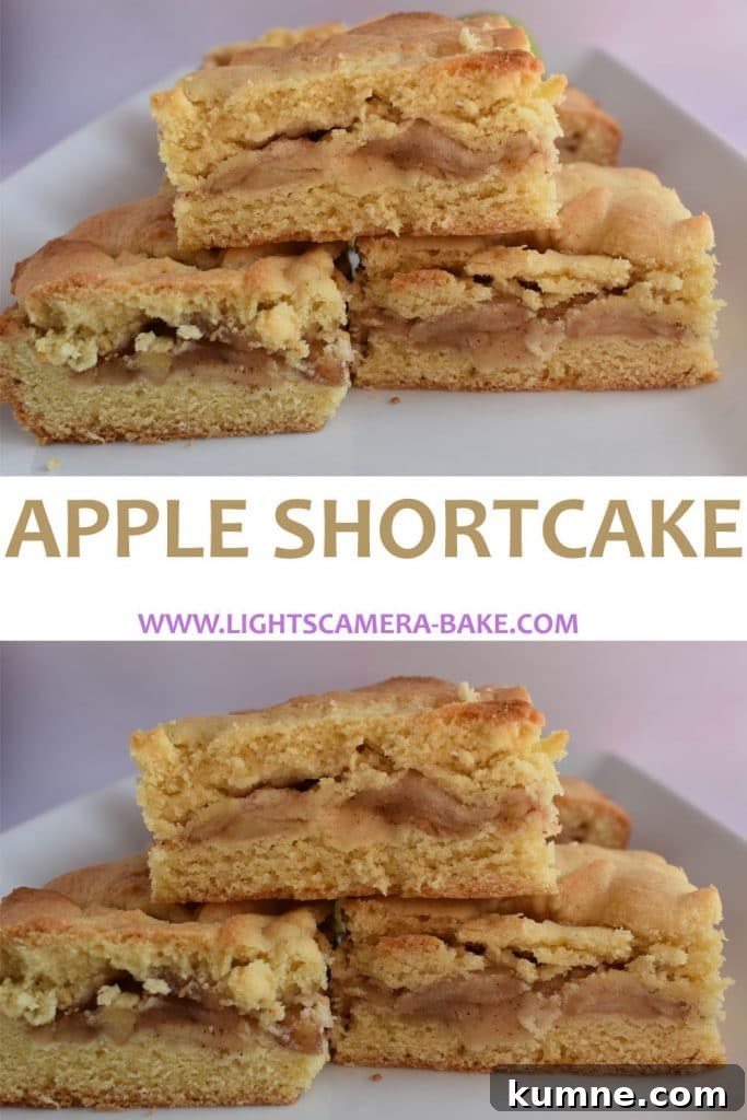 Classic Apple Shortcake Recipe: Flaky Biscuit Apple Dessert 8 Long pinterest image with two images and a title.