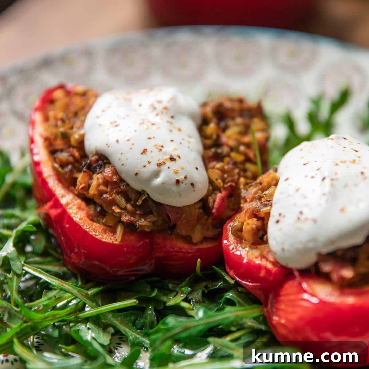 photo of 2 stuffed red peppers on a bed of rocket salad with garlic cashew cream dollops on top of each.